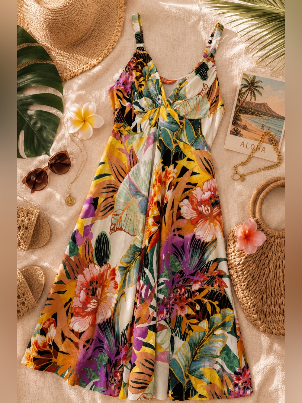 Jams World Honolulu Tropical Floral Sundress Medium Rayon Hawaii Resort Dress